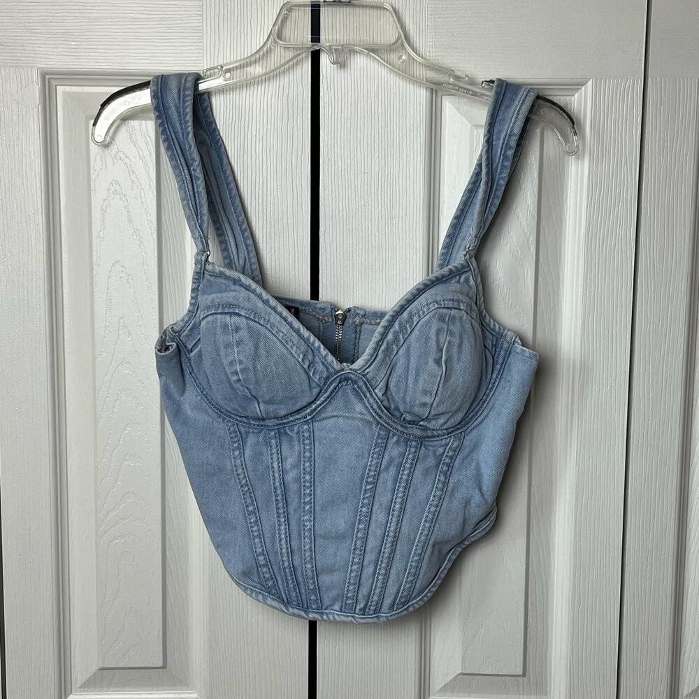 Pretty Little Thing Light Blue Wash Dip Hem Bust Cup Denim Corset 6